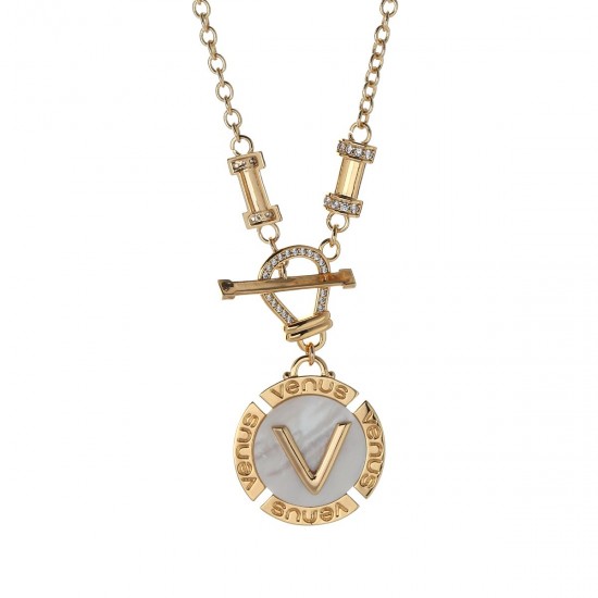 "V" Letter - Necklace - 18K Gold Plated and Mother of Pearl with Austrian Crystals