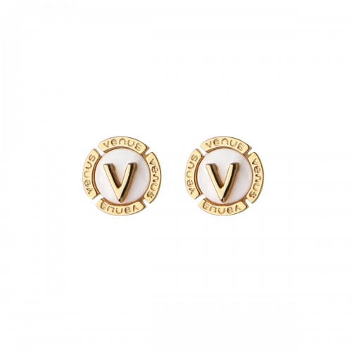 "V" Letter - Earrings -  18K Gold Plated and Mother of Pearl with Austrian Crystals