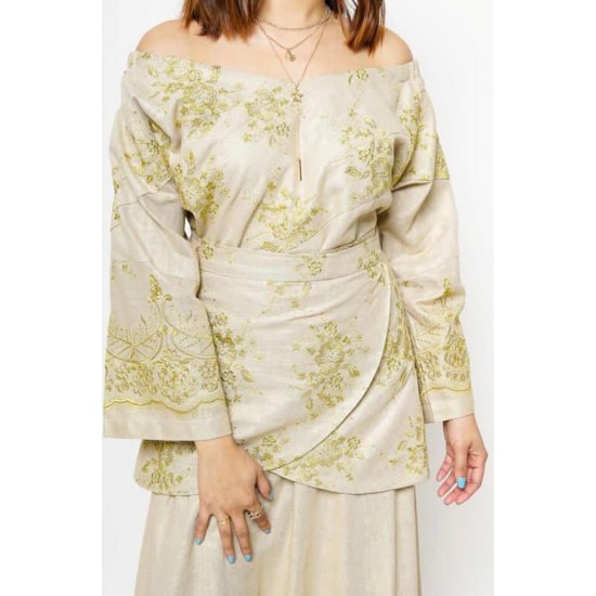 Off-Shoulder Beige Kaftan Dress with Wrap Belt