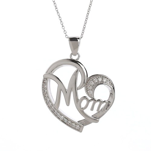 Rhodium Plated Necklace with a "Mom" Pendant