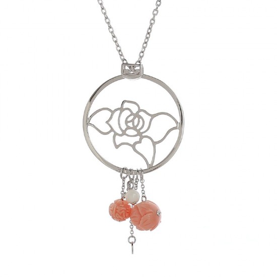 Rhodium Plated Necklace with a Rose Pendant and Tridacna Stones