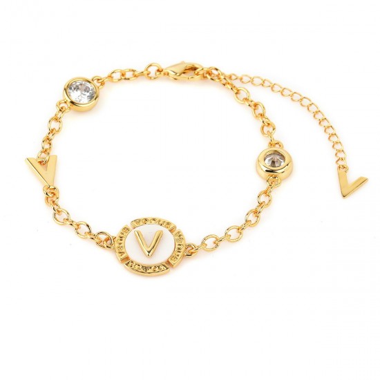 "V" Letter - Bracelet - 18K Gold Plated and Mother of Pearl with Austrian Crystals.
