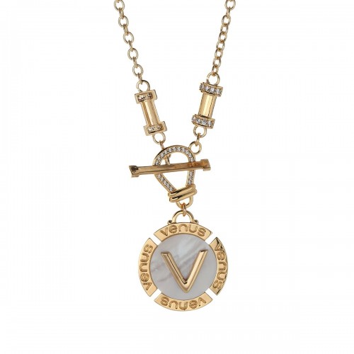 "V" Letter - Necklace - 18K Gold Plated and Mother of Pearl with Austrian Crystals