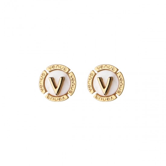 "V" Letter - Earrings -  18K Gold Plated and Mother of Pearl with Austrian Crystals