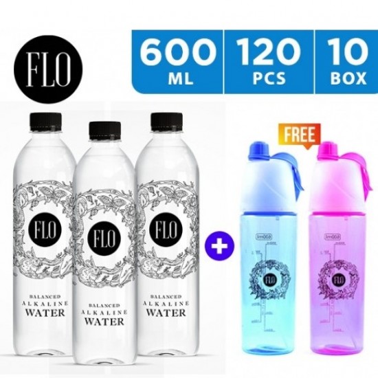 Flo Balanced Alkaline Water 120 x 600 ml + 2 Sports Bottles Free
